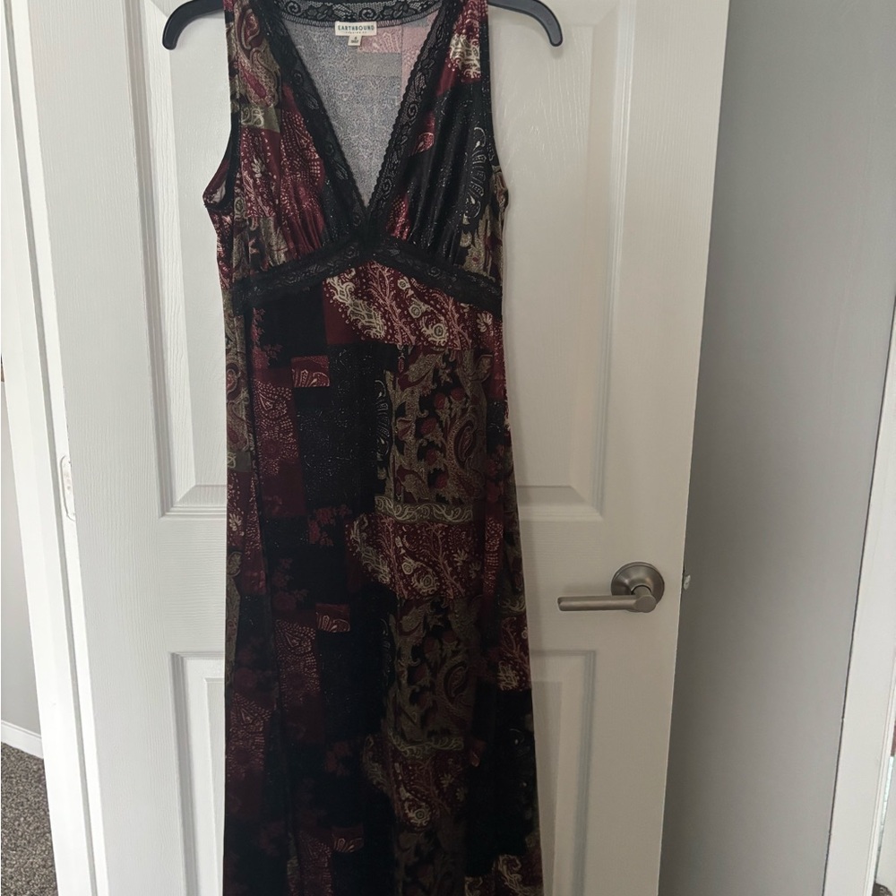 EARTHBOUND Burgundy, Black and Olive Patchwork Paisley Maxi Dress